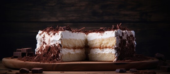 A copy space image featuring layers of vanilla and chocolate cotton cake slices displayed on a wooden chopping board showcasing their soft and fluffy texture