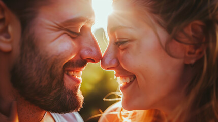 A man and woman are facing each other, both smiling happily at one another in a joyful moment of connection
