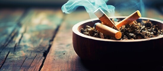 A close up image of cigarettes in an ashtray on a wooden background providing copy space