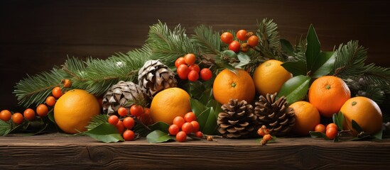 The New Year s entourage features tangerines pine branches and cones creating a picturesque scene with plenty of copy space image