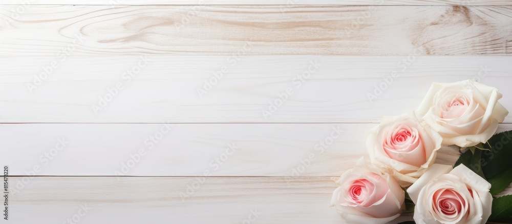 Poster A white wooden table with a shade is adorned with beauty product samples and roses creating a visually appealing copy space image