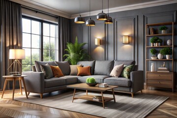 Naklejka na ściany i meble living room rendering with sofa and table, living room wall background, living room background, interior background, cozy living room background, interior design background, gray and dark atmosphere, 