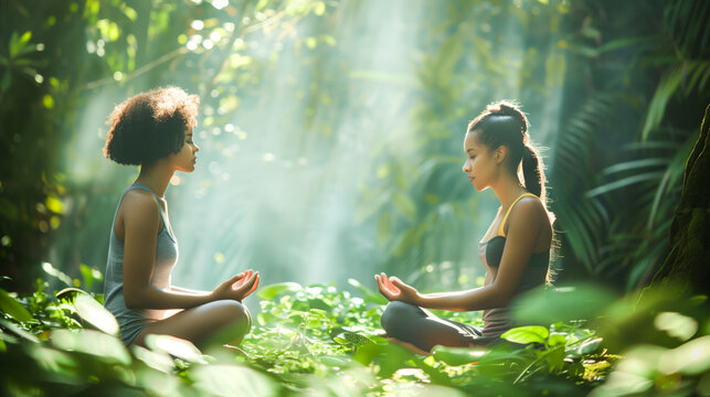 Two African American women in meditation poses amidst trees in a forest setting
