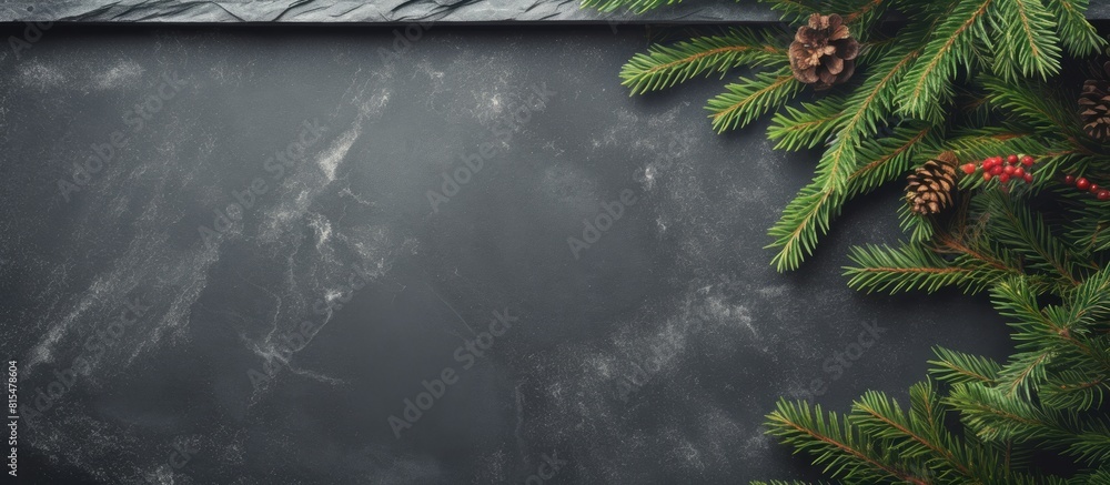 Aufkleber the image features a top view of christmas fir tree branches creating a frame against a slate backgr