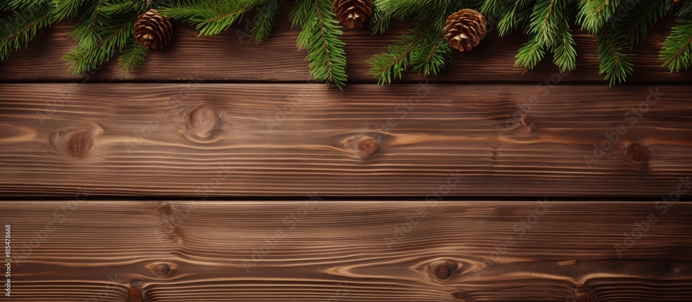 Poster A top down view of a Christmas wooden background with copy space image featuring fir branches Perfect for creating New Year templates advertising layouts and festive greeting cards