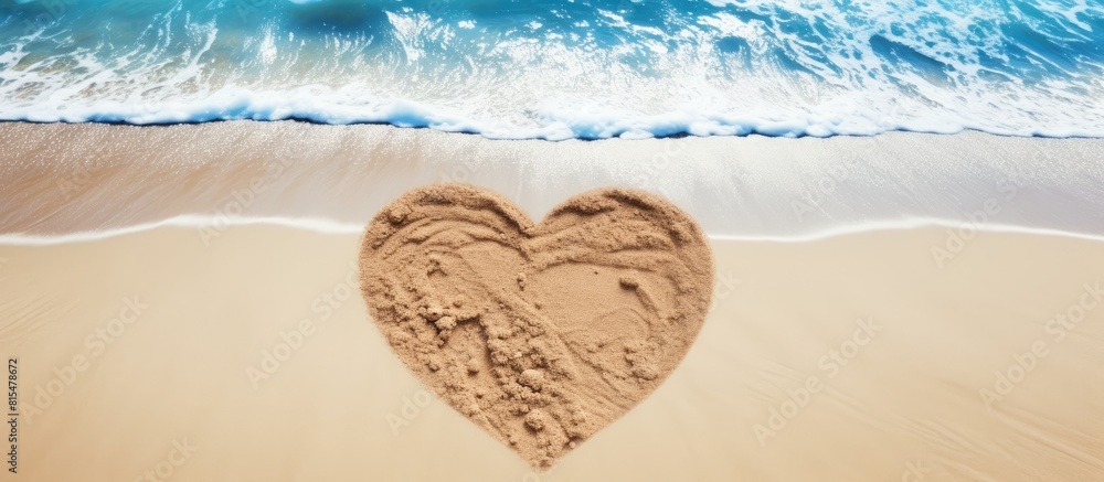 Poster Top view of a heart shape drawn in the sand against a scenic beach background creating a beautiful copy space image