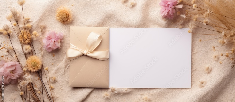 Poster copy space image a 5x7 invitation mockup with dry flowers and ribbon placed on a fabric background a