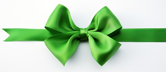 A green bow stands alone on a white background leaving plenty of copy space in the image