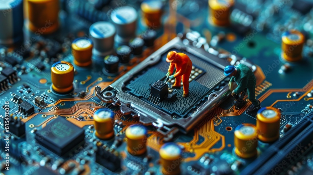 Poster a miniature man in an orange jumpsuit is working on a computer chip