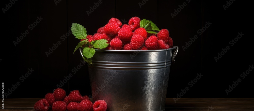Poster A beautiful still life of an organic red raspberry placed in a decorative bucket with a dark background providing a copy space image
