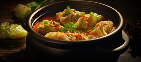 Healthy food in the form of a delicious stuffed cabbage soup. Creative banner. Copyspace image
