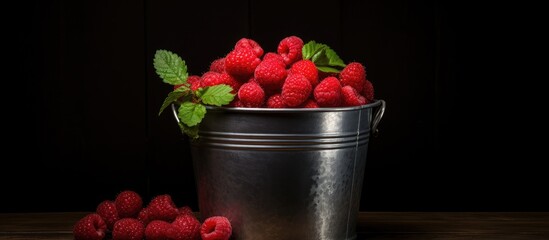 A beautiful still life of an organic red raspberry placed in a decorative bucket with a dark background providing a copy space image