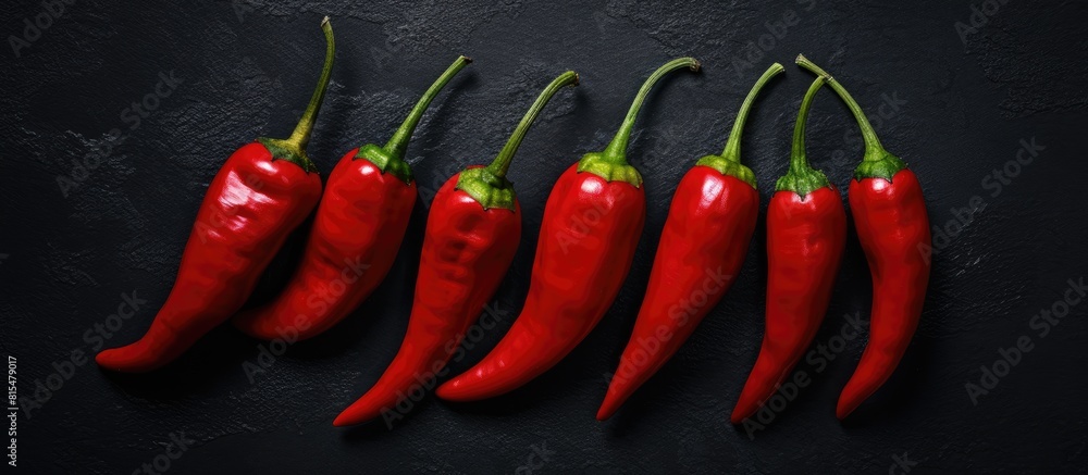 Poster Flat lay of five vibrant red chilli peppers arranged on a sleek black slate board leaving ample room for additional elements in the copy space image