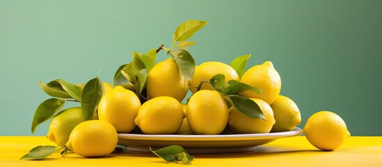 A copy space image featuring a plate adorned with fully ripened lemons resting on a bright table