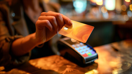 A woman standing at a bar holding a credit card while making a payment for her drinks