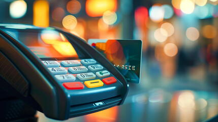 A point of sale machine displaying a transaction screen with a credit card inserted into it, ready for payment
