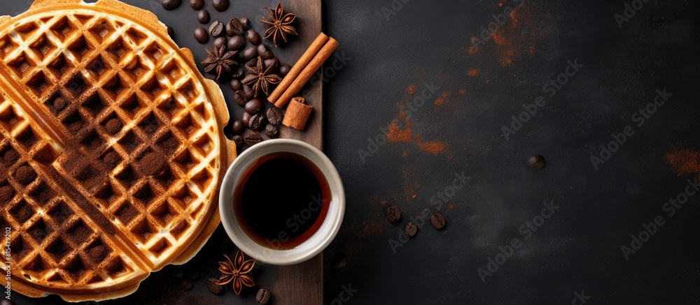 Aufkleber A copy space image of espresso coffee and Dutch waffles or syrup waffle cookies with chocolate arranged on an old black concrete table It makes for a perfect breakfast with a top view