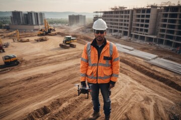 Fototapeta premium Male engineer operating flying drone for construction building site survey