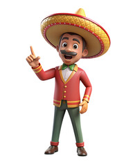3d Mexican man pointing finger on transparent background
