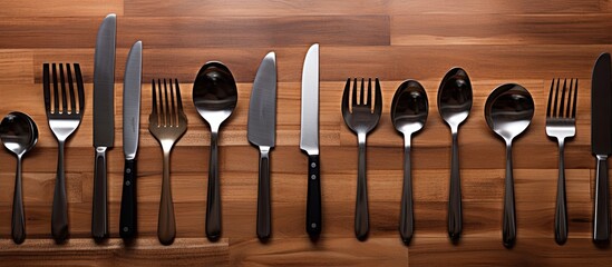 A copy space image featuring stainless steel kitchen utensils neatly arranged on a wooden table