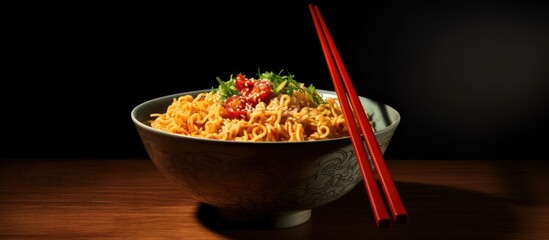 A bowl of ramen noodles served with chopsticks embodying the concept of traditional Japanese cuisine Copy space image