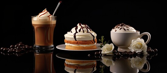 On a reflective black background there is a coffee drink topped with whipped cream and accompanied by cakes Ample copy space is available