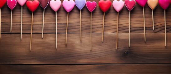 A heart shaped wooden background for St Valentine s Day with red and pink skewers for food An ideal flat lay image with ample copy space