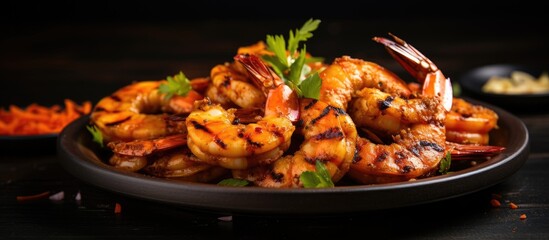 A copy space image showcasing delicious grilled shrimps elegantly presented on a table