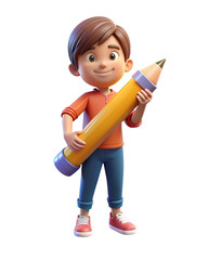 Cheerful young American boy holding an oversized pencil, isolated on white background, perfect for educational and back-to-school content