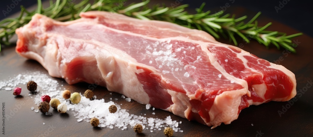 Poster top view copy space image of raw fresh pork seasoned with rosemary placed on wax paper set against a