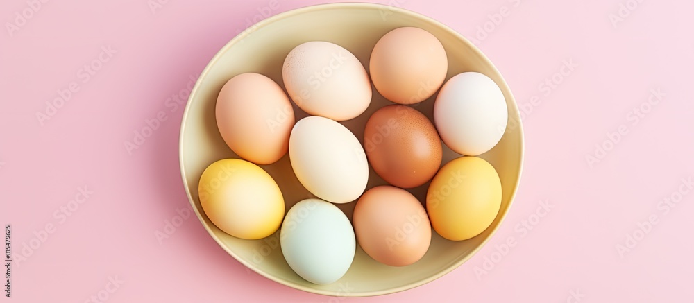 Poster the top view shows colorful boiled eggs on a pastel background with copy space it represents a healt