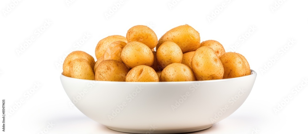 Aufkleber A crispy potato is served in a small bowl on a white background with plenty of space for text or other elements. Creative banner. Copyspace image