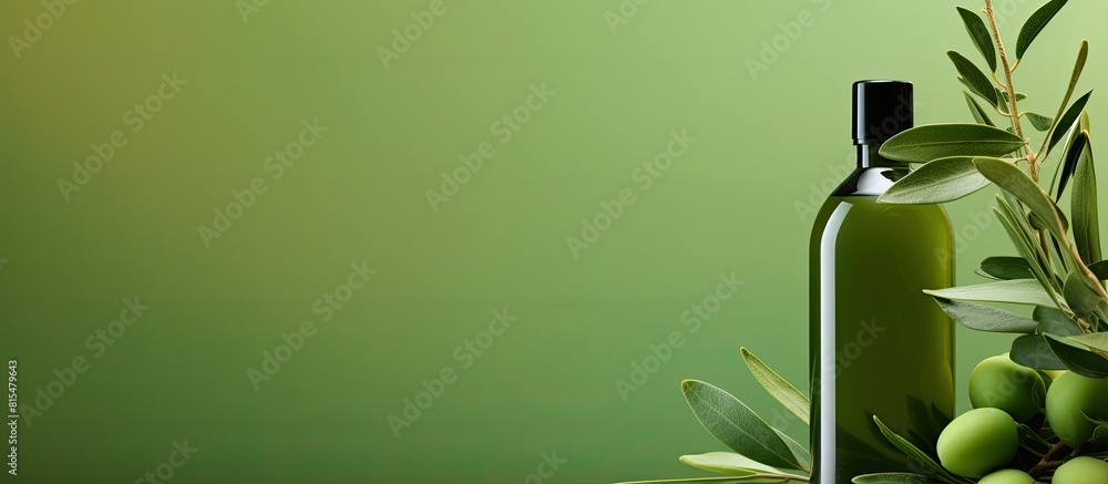 Poster copy space image with a bottle of cosmetic product accompanied by olives and leaves set against a li