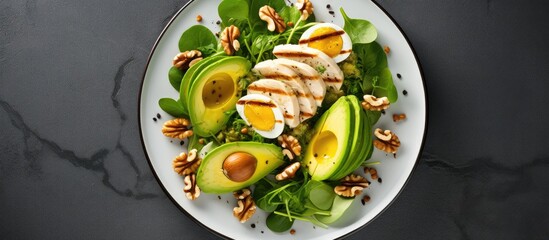 Copy space image of a keto friendly meal consisting of avocado slices grilled chicken quail eggs spinach and walnuts This high fat clean eating recipe is ideal for weight loss The close up top view c