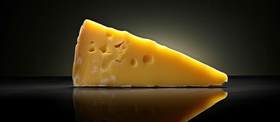 A single cheese slice placed on a dark backdrop with empty space for additional content or text
