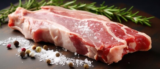 Top view copy space image of raw fresh pork seasoned with rosemary placed on wax paper set against a white background Perfect for cooking various delicious recipes