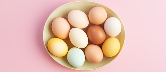 The top view shows colorful boiled eggs on a pastel background with copy space It represents a healthy food concept and Easter eggs