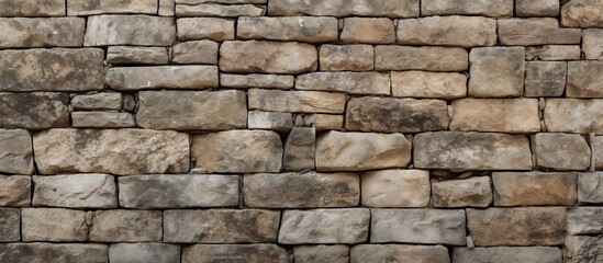 Obraz premium An aged stone wall crafted from sturdy masonry featuring a weathered stone surface provides ample copy space for creative designs