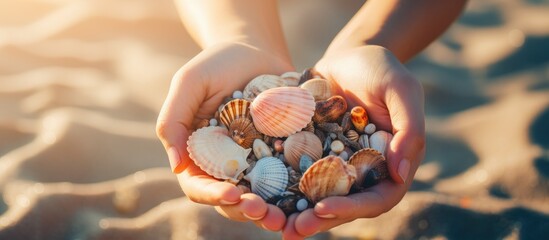 A female hand holding a variety of seashells with a copy space image