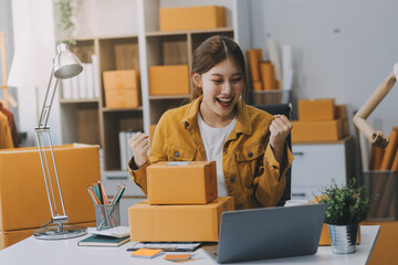 Asian SME business women use laptop computer checking customer order online shipping boxes at home....