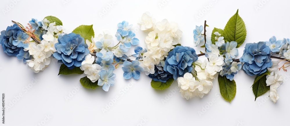 Poster top view copy space image of a flat lay floral corner arrangement featuring begonia and small blue f