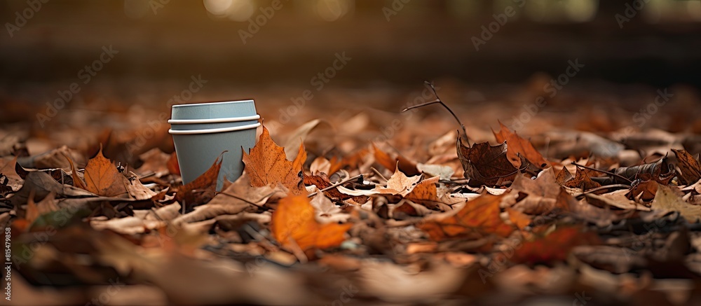 Aufkleber autumn leaves surround a discarded coffee cup on the ground creating a picturesque scene with plenty
