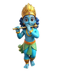 3d illustration of Lord Krishna with flute on a transparent background, Lord Krishna dress and playing bansuri