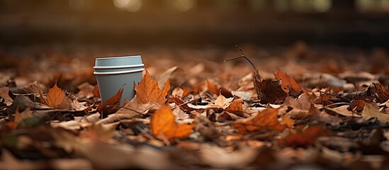 Autumn leaves surround a discarded coffee cup on the ground creating a picturesque scene with plenty of empty space for additional content