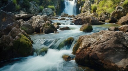 Beautiful shot of waterfalls flowing near lots stones