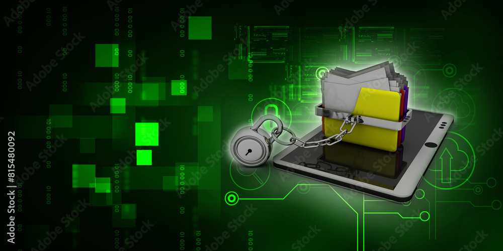 Poster yellow folder and lock with mobile. data security concept. 3d rendering