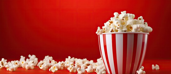 A copy space image of white popcorn against a vibrant red background