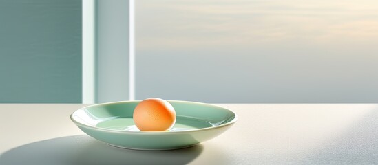 A fresh egg is showcased in a top down perspective on a pastel green plate set against a white table background in a well lit morning window kitchen. Creative banner. Copyspace image