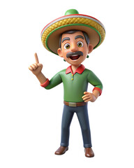 3d Mexican man pointing finger on transparent background