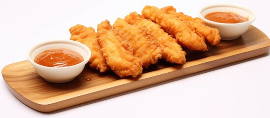 A side view of chicken fingers with sauce presented on a bamboo board resting on a white wooden surface Ample copy space is available